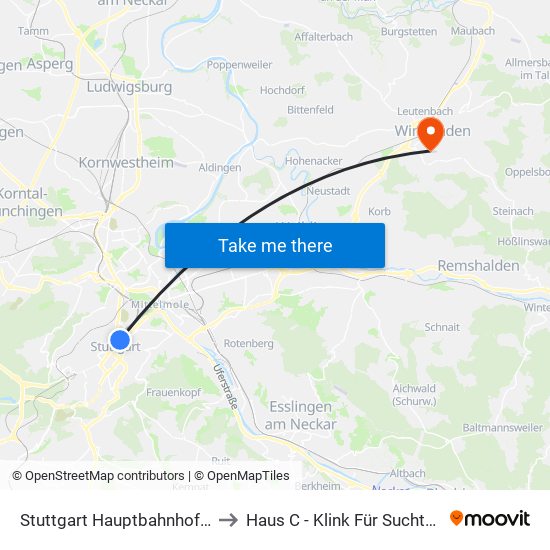 Stuttgart Hauptbahnhof (Oben) to Haus C - Klink Für Suchttherapie map