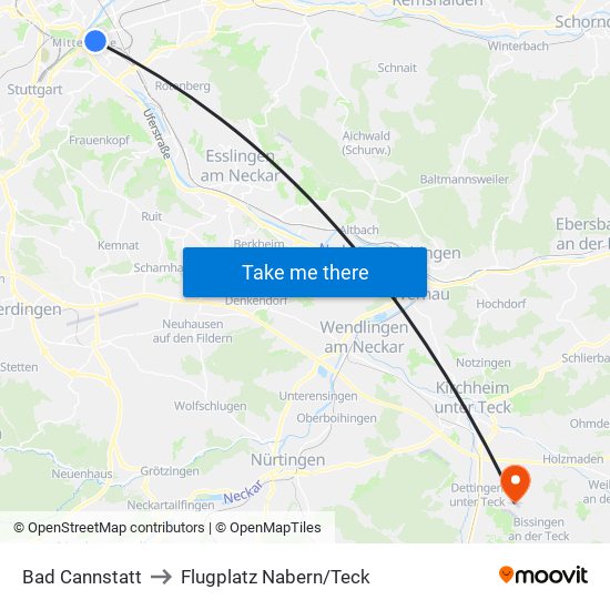 Bad Cannstatt to Flugplatz Nabern/Teck map