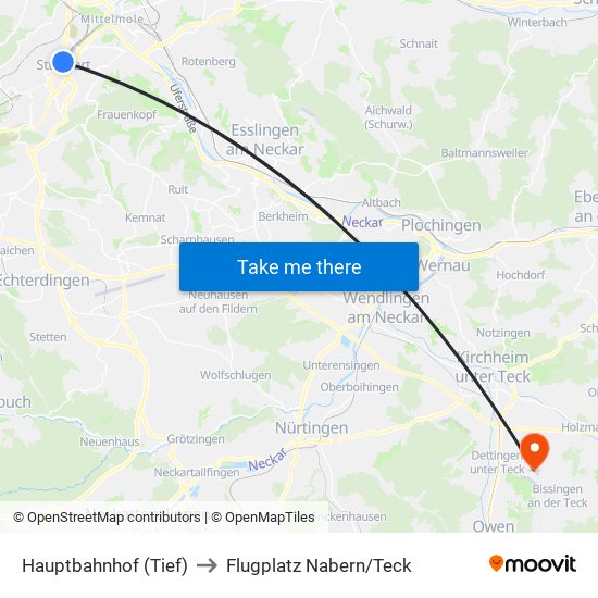 Hauptbahnhof (Tief) to Flugplatz Nabern/Teck map