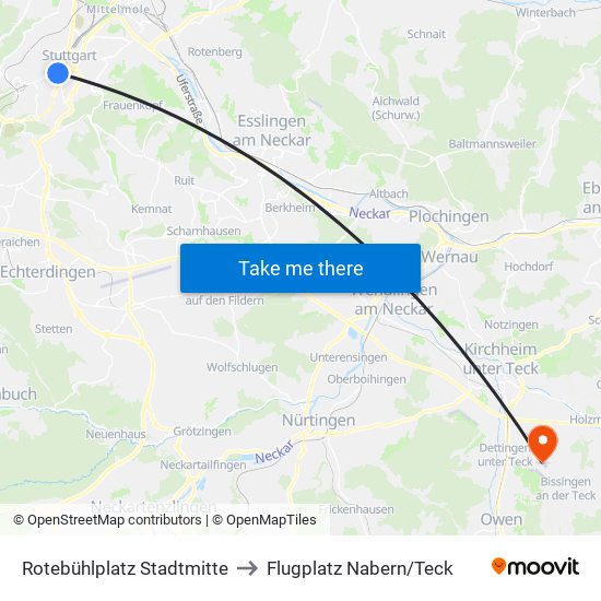 Rotebühlplatz Stadtmitte to Flugplatz Nabern/Teck map