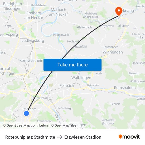 Rotebühlplatz Stadtmitte to Etzwiesen-Stadion map