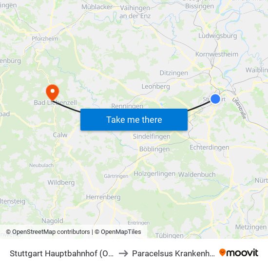 Stuttgart Hauptbahnhof (Oben) to Paracelsus Krankenhaus map