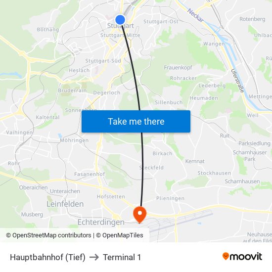 Hauptbahnhof (Tief) to Terminal 1 map