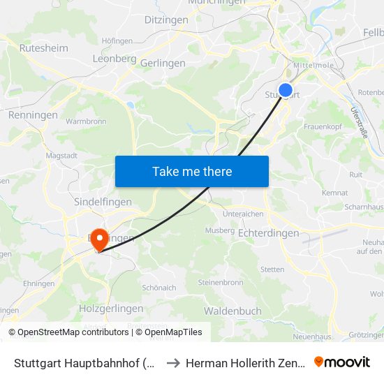 Stuttgart Hauptbahnhof (Oben) to Herman Hollerith Zentrum map