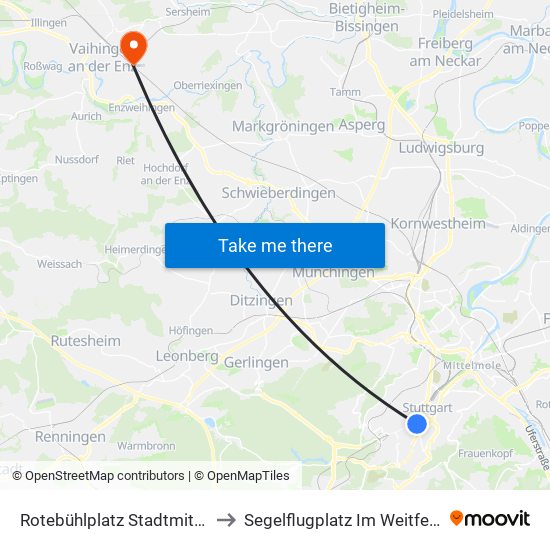 Rotebühlplatz Stadtmitte to Segelflugplatz Im Weitfeld map