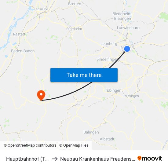 Hauptbahnhof (Tief) to Neubau Krankenhaus Freudenstadt map