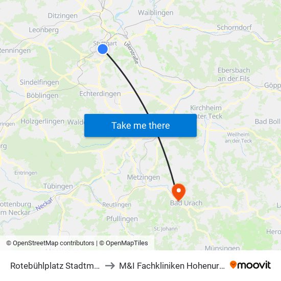 Rotebühlplatz Stadtmitte to M&I Fachkliniken Hohenurach map