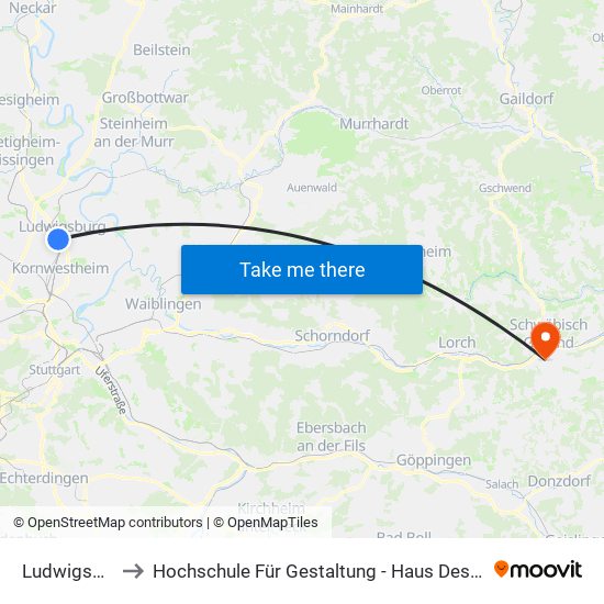 Ludwigsburg to Hochschule Für Gestaltung - Haus Des Wissens map