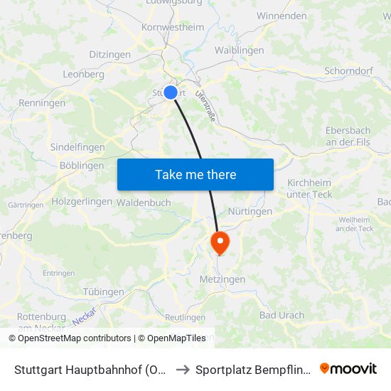 Stuttgart Hauptbahnhof (Oben) to Sportplatz Bempflingen map