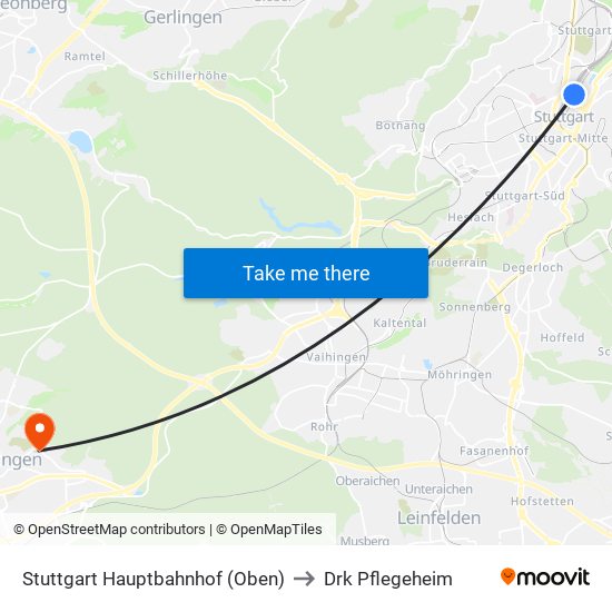 Stuttgart Hauptbahnhof (Oben) to Drk Pflegeheim map