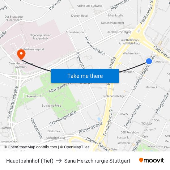 Hauptbahnhof (Tief) to Sana Herzchirurgie Stuttgart map