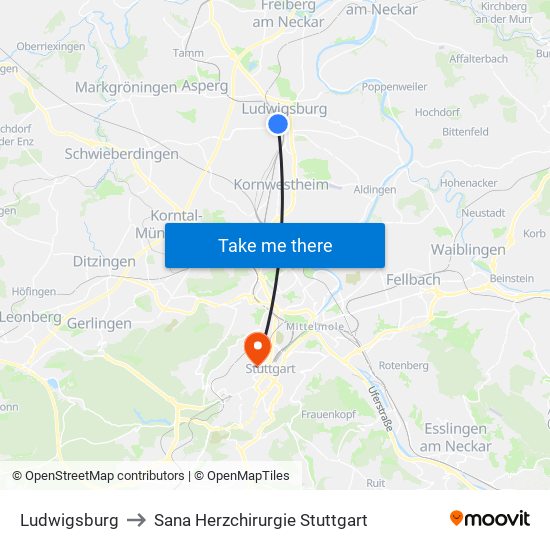 Ludwigsburg to Sana Herzchirurgie Stuttgart map