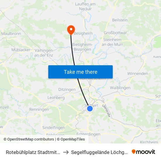 Rotebühlplatz Stadtmitte to Segelfluggelände Löchgau map