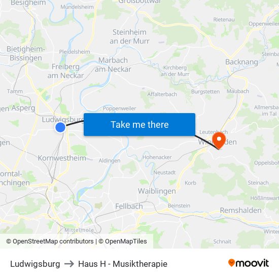 Ludwigsburg to Haus H - Musiktherapie map