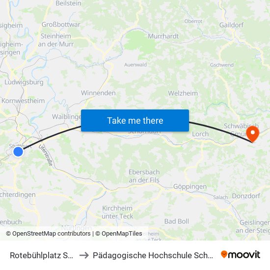Rotebühlplatz Stadtmitte to Pädagogische Hochschule Schwäbisch Gmünd map