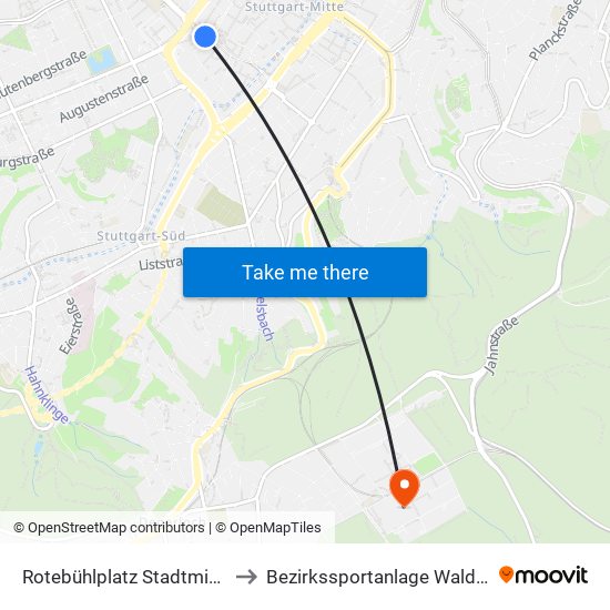 Rotebühlplatz Stadtmitte to Bezirkssportanlage Waldau map