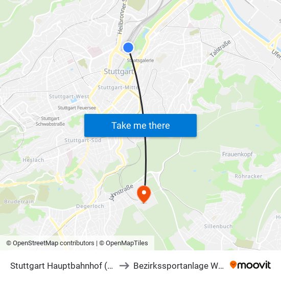 Stuttgart Hauptbahnhof (Oben) to Bezirkssportanlage Waldau map