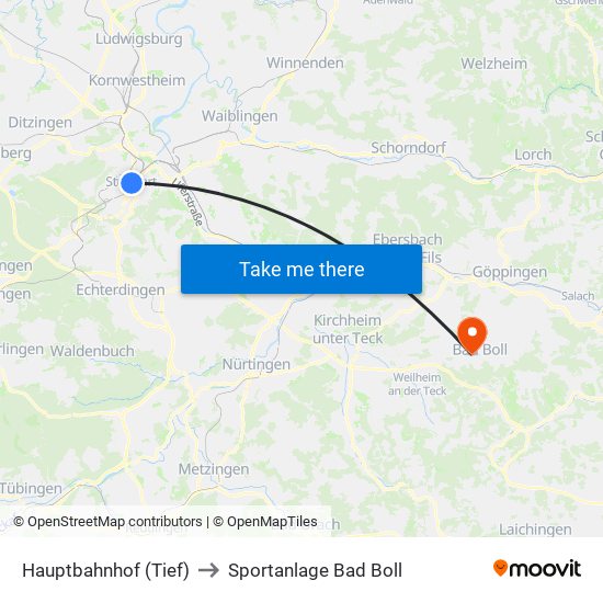 Hauptbahnhof (Tief) to Sportanlage Bad Boll map