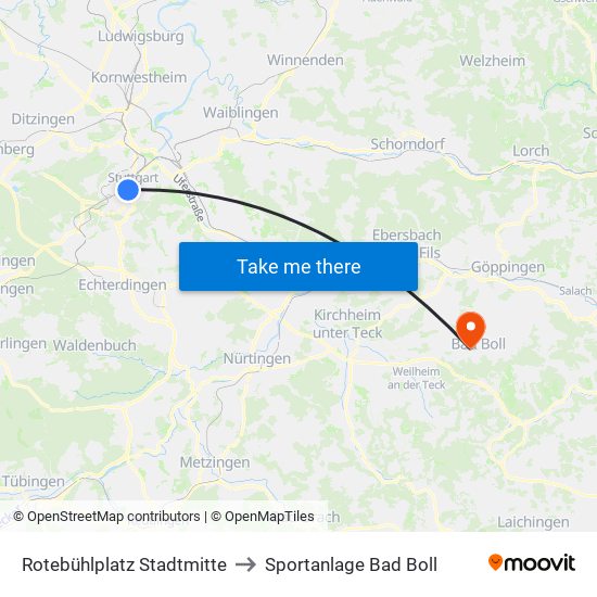 Rotebühlplatz Stadtmitte to Sportanlage Bad Boll map