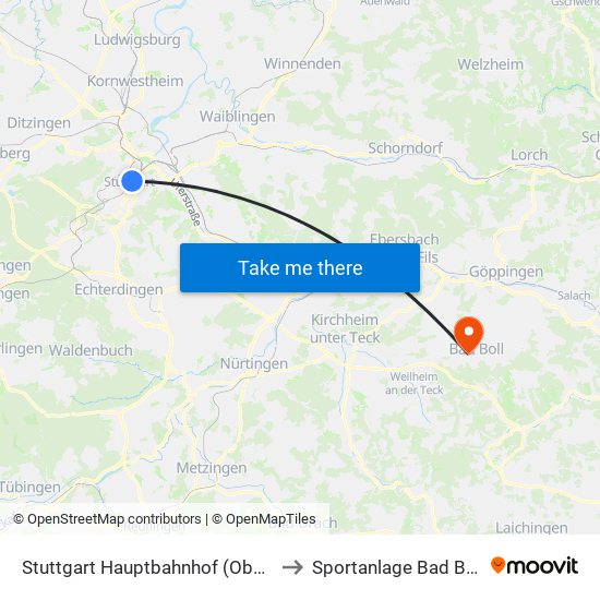 Stuttgart Hauptbahnhof (Oben) to Sportanlage Bad Boll map