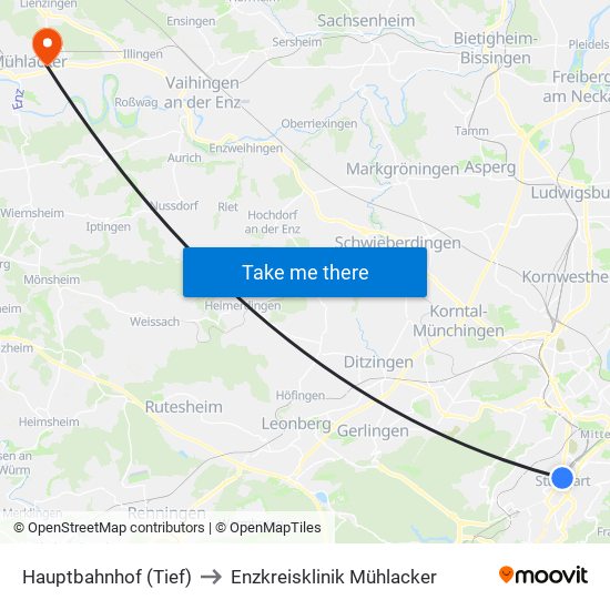 Hauptbahnhof (Tief) to Enzkreisklinik Mühlacker map