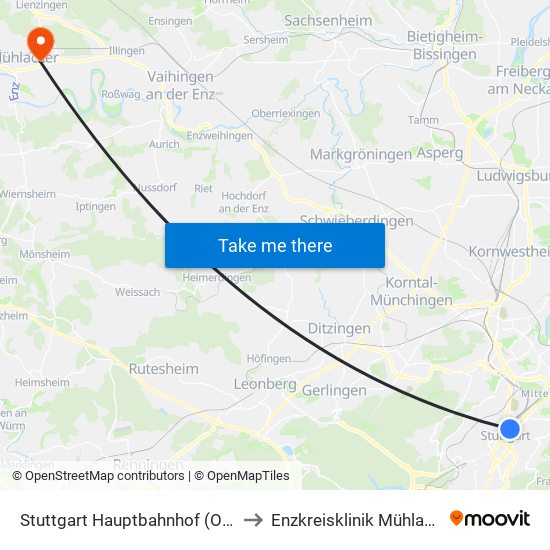 Stuttgart Hauptbahnhof (Oben) to Enzkreisklinik Mühlacker map