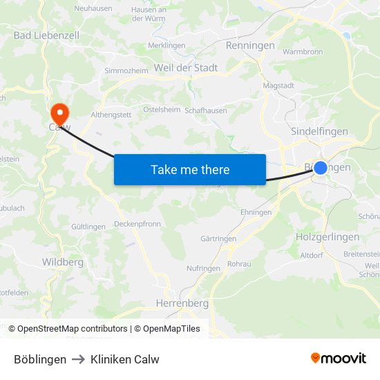 Böblingen to Kliniken Calw map
