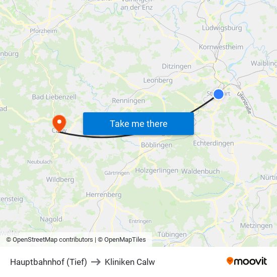 Hauptbahnhof (Tief) to Kliniken Calw map