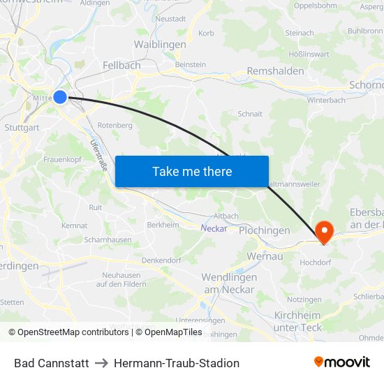 Bad Cannstatt to Hermann-Traub-Stadion map