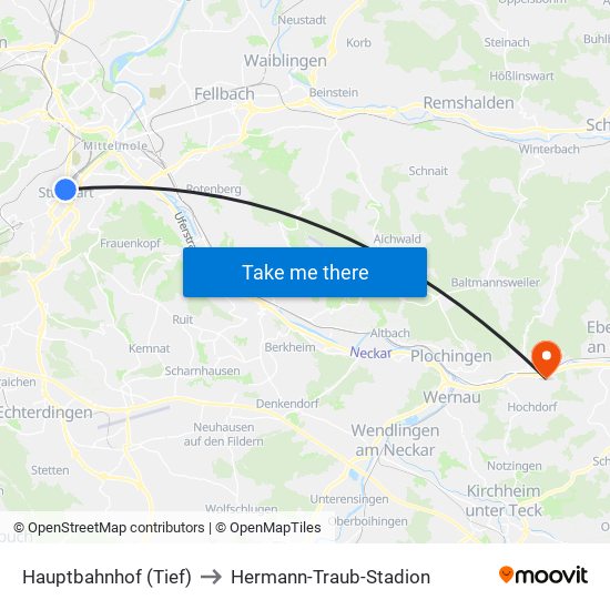 Hauptbahnhof (Tief) to Hermann-Traub-Stadion map