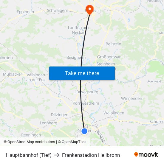 Hauptbahnhof (Tief) to Frankenstadion Heilbronn map