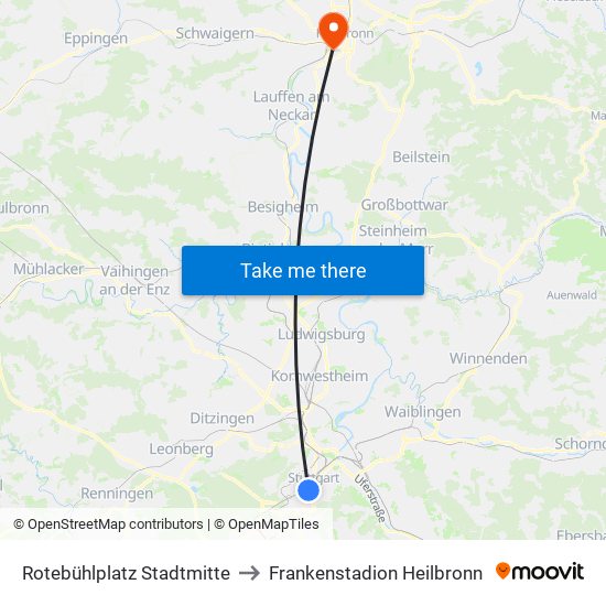 Rotebühlplatz Stadtmitte to Frankenstadion Heilbronn map