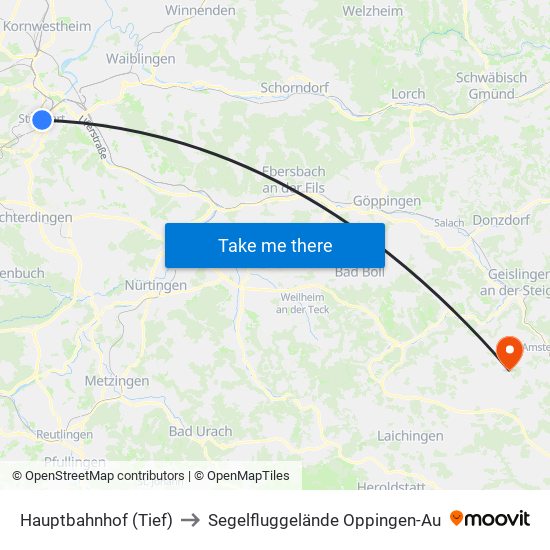 Hauptbahnhof (Tief) to Segelfluggelände Oppingen-Au map