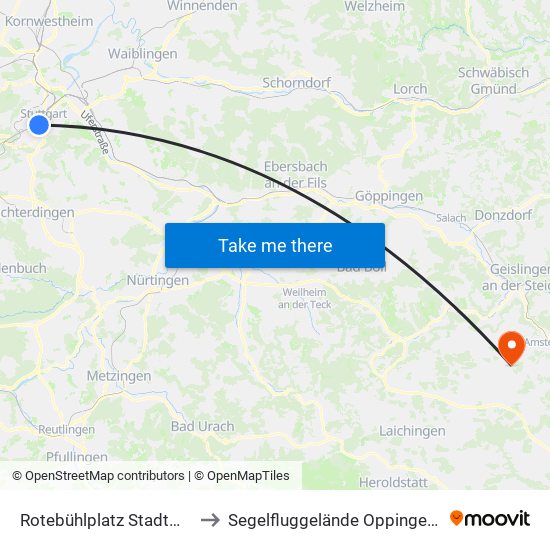 Rotebühlplatz Stadtmitte to Segelfluggelände Oppingen-Au map