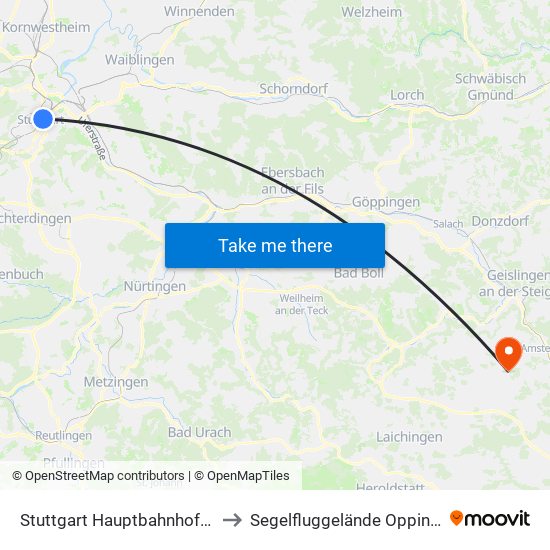 Stuttgart Hauptbahnhof (Oben) to Segelfluggelände Oppingen-Au map