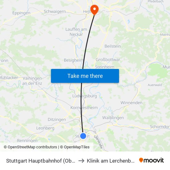 Stuttgart Hauptbahnhof (Oben) to Klinik am Lerchenberg map