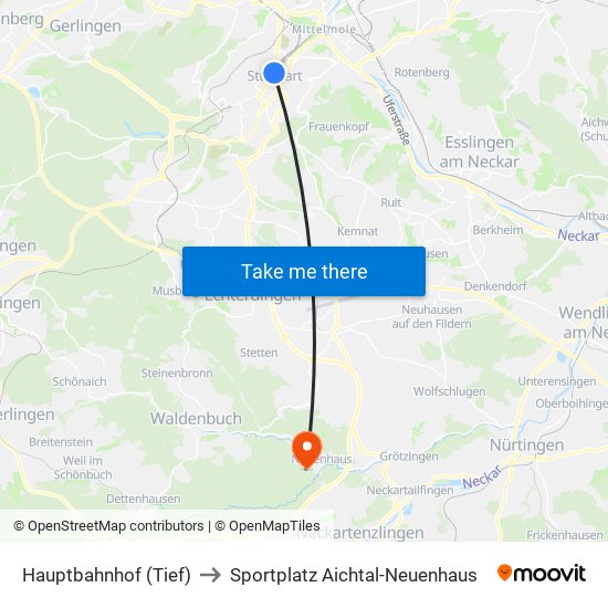 Hauptbahnhof (Tief) to Sportplatz Aichtal-Neuenhaus map