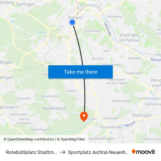 Rotebühlplatz Stadtmitte to Sportplatz Aichtal-Neuenhaus map