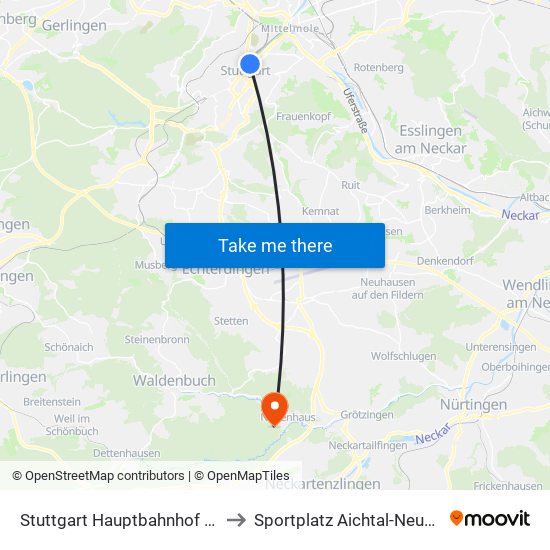 Stuttgart Hauptbahnhof (Oben) to Sportplatz Aichtal-Neuenhaus map