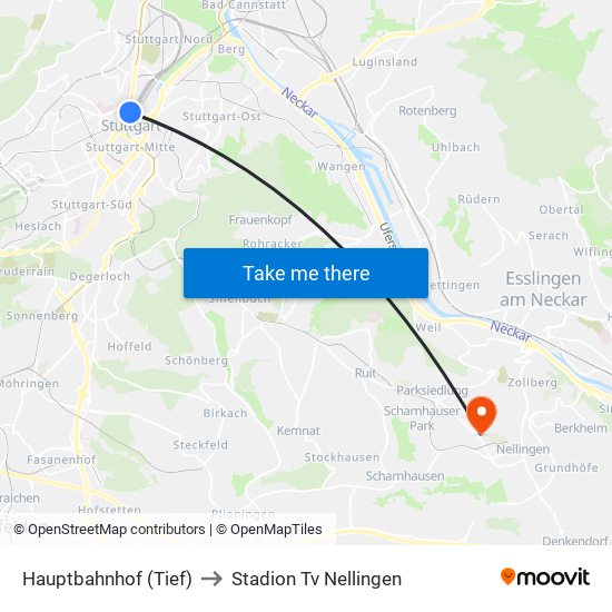 Hauptbahnhof (Tief) to Stadion Tv Nellingen map