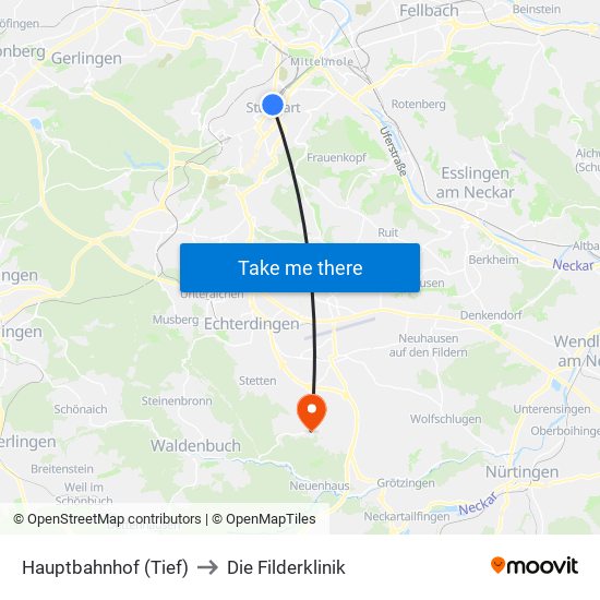 Hauptbahnhof (Tief) to Die Filderklinik map