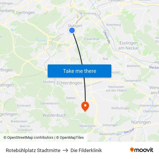 Rotebühlplatz Stadtmitte to Die Filderklinik map