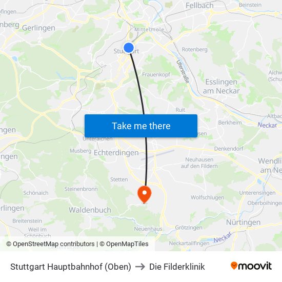 Stuttgart Hauptbahnhof (Oben) to Die Filderklinik map