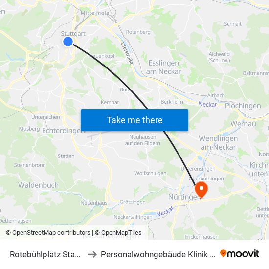 Rotebühlplatz Stadtmitte to Personalwohngebäude Klinik Nürtingen map