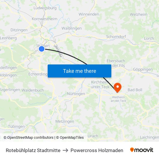 Rotebühlplatz Stadtmitte to Powercross Holzmaden map