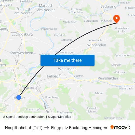 Hauptbahnhof (Tief) to Flugplatz Backnang-Heiningen map