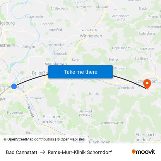 Bad Cannstatt to Rems-Murr-Klinik Schorndorf map