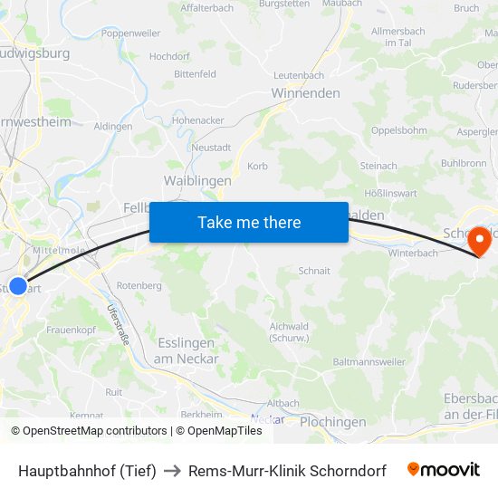 Hauptbahnhof (Tief) to Rems-Murr-Klinik Schorndorf map