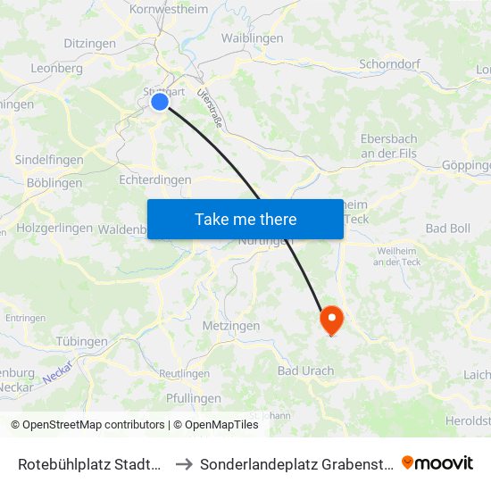 Rotebühlplatz Stadtmitte to Sonderlandeplatz Grabenstetten map