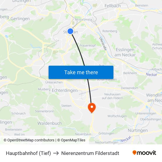 Hauptbahnhof (Tief) to Nierenzentrum Filderstadt map